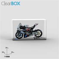 Teca ClearBox per set LEGO 42130 BMW M 1000 RR posizionata sul cavalletto posteriore